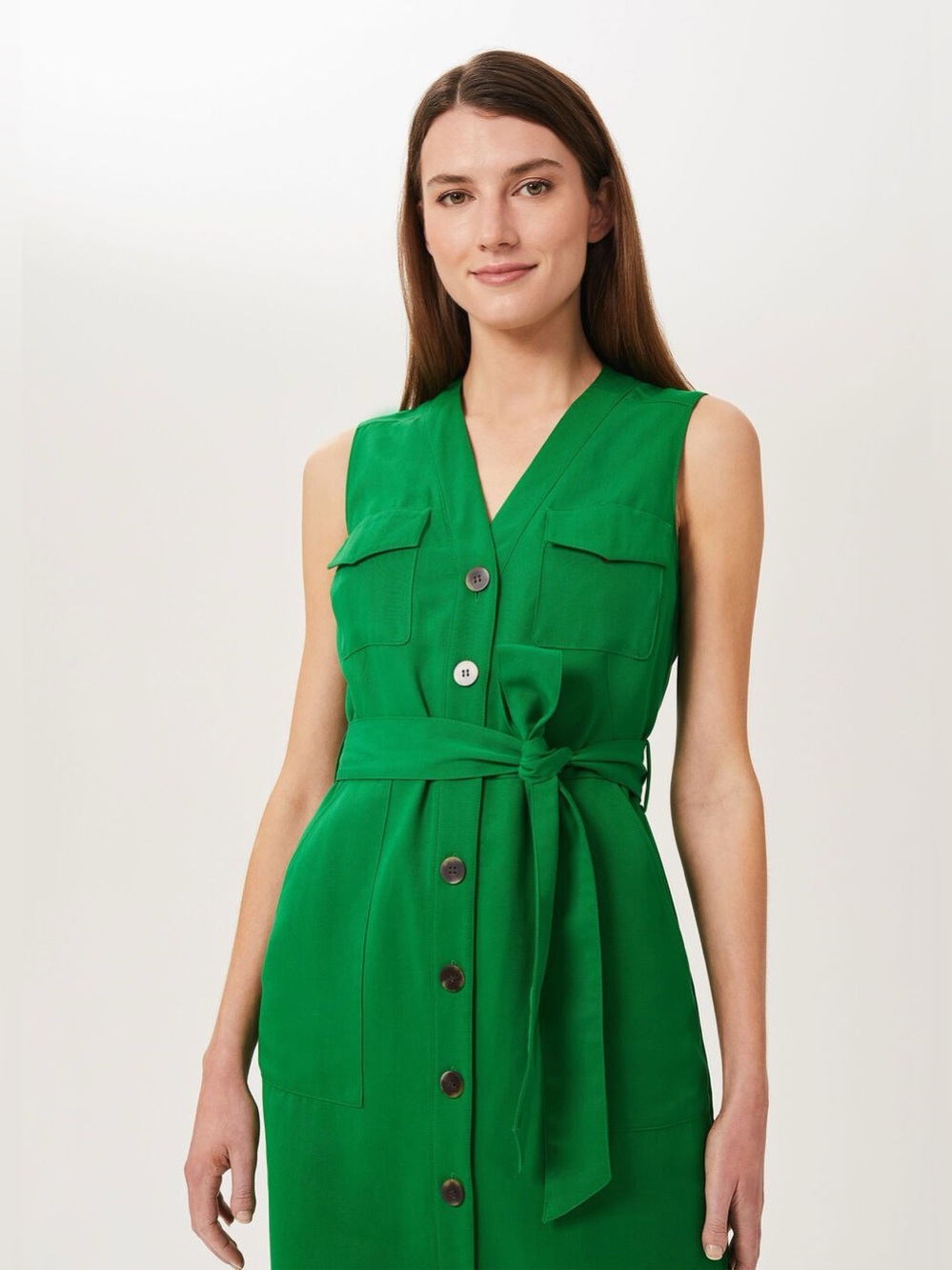 Hobbs Tillie Dress Green Lyocell Sleeveless Belted Midi Shirt Dress US 12